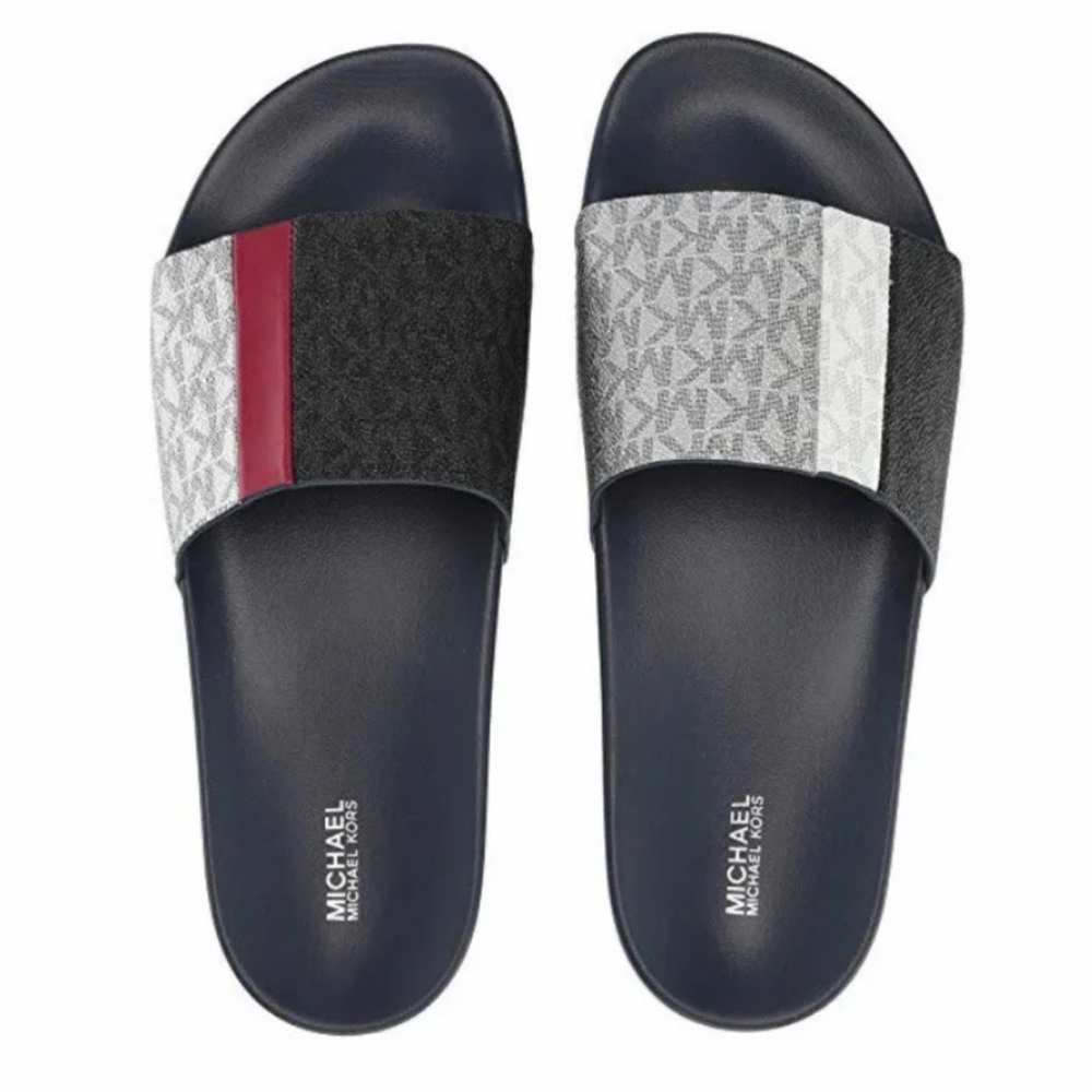 Michael Kors Ayla Flat Slide Sandals Mini MK Logo PVC Black/Navy/ Multi